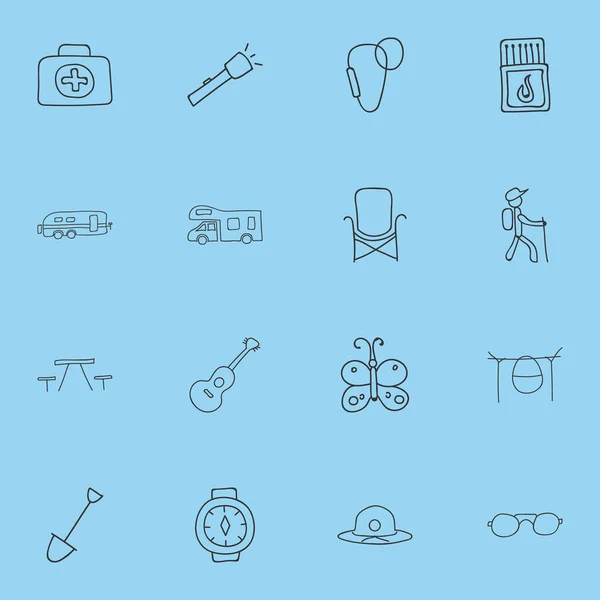 Set van 16 bewerkbare reis iconen. Bevat symbolen zoals karabijn, pols klok, strand-hoed en meer. Kan worden gebruikt voor Web, Mobile, Ui en Infographic Design. — Stockvector