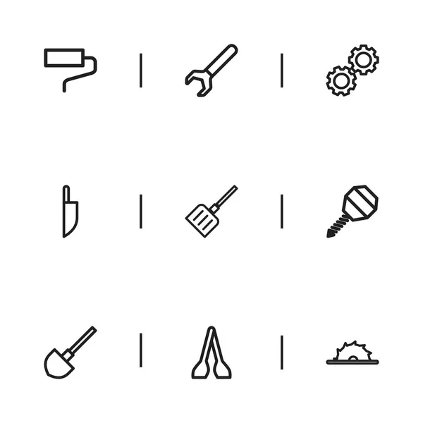 Set di 9 icone degli apparecchi modificabili. Include simboli come pinze, lama del cerchio, spatola da neve e altro ancora. Può essere utilizzato per la progettazione web, mobile, UI e infografica . — Vettoriale Stock
