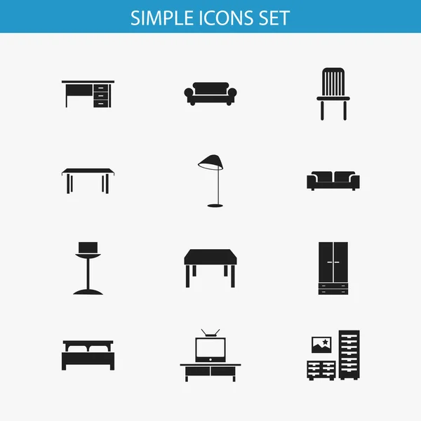 Conjunto de 12 iconos de muebles editables. Incluye símbolos como Stillage, Trestlé, Gabinete y más. Puede ser utilizado para el diseño de la tela, móvil, interfaz de usuario e infografía . — Vector de stock