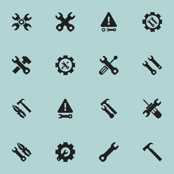 Conjunto de 16 iconos de herramientas editables. Incluye símbolos como advertencia, soporte técnico, equipo de construcción y más. Puede ser utilizado para el diseño de la tela, móvil, interfaz de usuario e infografía . — Vector de stock