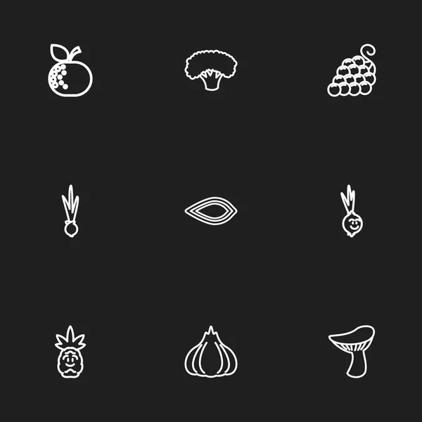 Набор из 9 столовых вегетарианских икон. Включает такие символы, как виноград, дерево, миндаль и многое другое. Can be used for Web, Mobile, UI and Infographic Design . — стоковый вектор