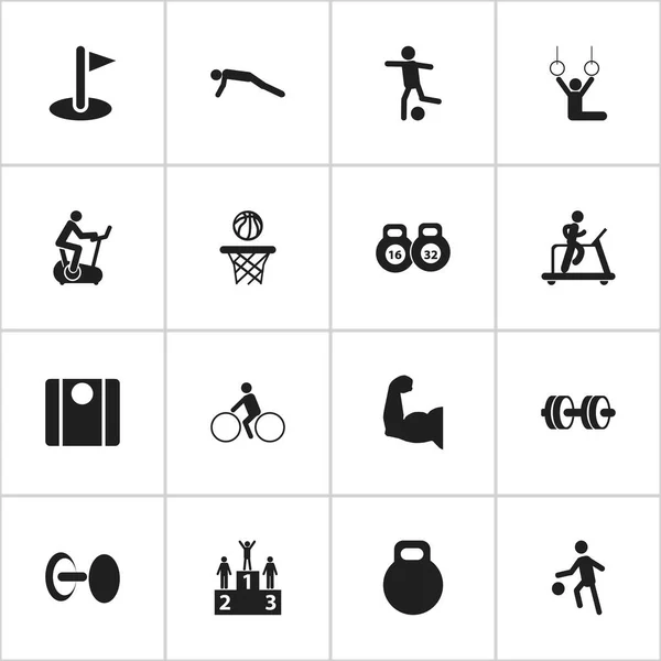 16 editierbare Lifestylesymbole. beinhaltet Symbole wie Trainingsrad, Sportunterricht, Sportler und vieles mehr. kann für Web-, Mobil-, UI- und Infografik-Design verwendet werden. — Stockvektor