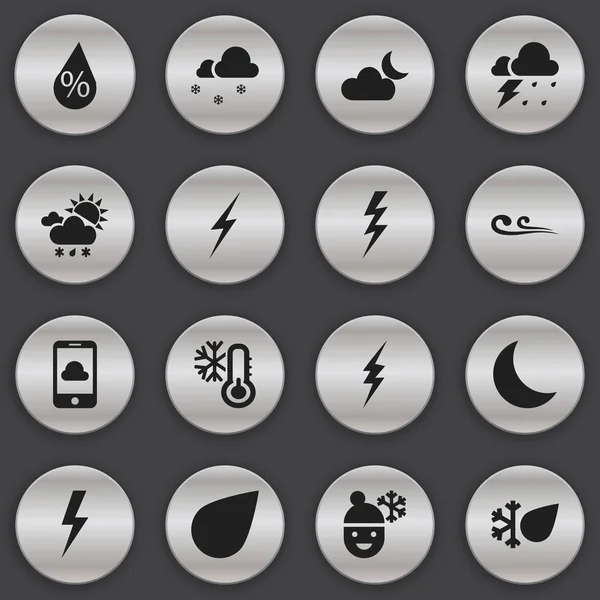 Set de 16 iconos de aire editables. Incluye símbolos tales como cubierto con nieve, golpe de trueno, temperatura de helada y más. Puede ser utilizado para el diseño de la tela, móvil, interfaz de usuario e infografía . — Archivo Imágenes Vectoriales