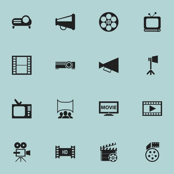 Set de 16 iconos de películas editables. Incluye símbolos como video, carrete, presentación y más. Puede ser utilizado para el diseño de la tela, móvil, interfaz de usuario e infografía . — Vector de stock