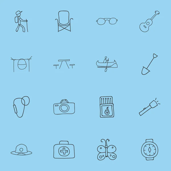 Set van 16 bewerkbare reis iconen. Bevat symbolen zoals zaklamp, kampvuur koken, Shovel en meer. Kan worden gebruikt voor Web, Mobile, Ui en Infographic Design. — Stockvector