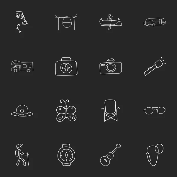 Zestaw 16 ikon można edytować podróży. Zawiera symbole, takie jak piękno owad, turysta, latające zabawki i więcej. Mogą być używane dla sieci Web, mobilnych, interfejsu użytkownika i Infographic Design. — Wektor stockowy