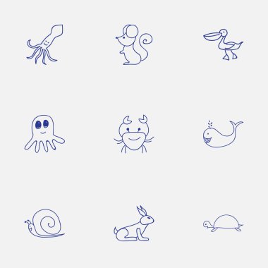 9 düzenlenebilir hayvan simgeler kümesi. Kalamar, kanser, fare ve daha fazlası gibi simgeler içerir. Web, mobil, UI ve Infographic tasarımı için kullanılabilir.