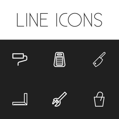 6 düzenlenebilir enstrüman simgeler kümesi. Kasap bıçağı, ölçüm, İngiliz anahtarı ve daha fazlası gibi simgeler içerir. Web, mobil, UI ve Infographic tasarımı için kullanılabilir.