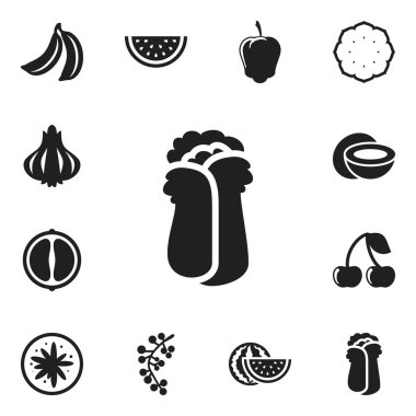 12 düzenlenebilir tencere simgeler kümesi. Portakal dilim, egzotik tatlı, tatlı biber ve daha fazlası gibi simgeler içerir. Web, mobil, UI ve Infographic tasarımı için kullanılabilir.