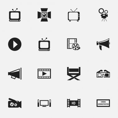 16 düzenlenebilir sinema simgeler kümesi. Başlat, Video, yayın ve diğer gibi simgeler içerir. Web, mobil, UI ve Infographic tasarımı için kullanılabilir.