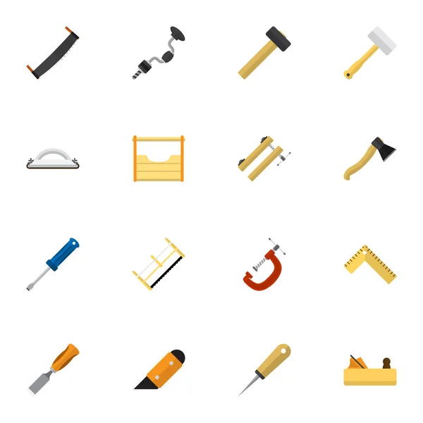 Conjunto de 16 iconos de instrumentos editables. Incluye símbolos tales como sierra manual, bóer, hacha. Puede ser utilizado para el diseño de la tela, móvil, interfaz de usuario e infografía . — Archivo Imágenes Vectoriales