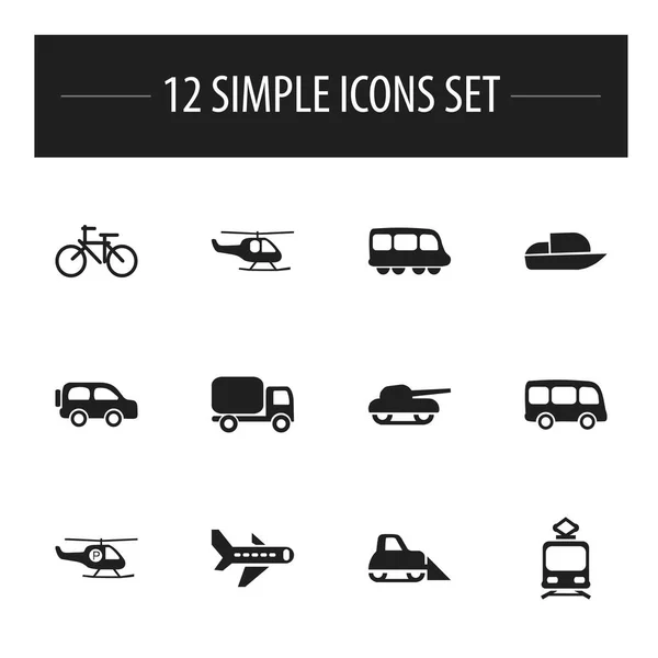Sada 12 ikon editovatelné dopravy. Obsahuje symboly jako tramvaj, služební automobil, zbraně a další. Lze použít pro webové, mobilní, Ui a infografika Design. — Stockový vektor