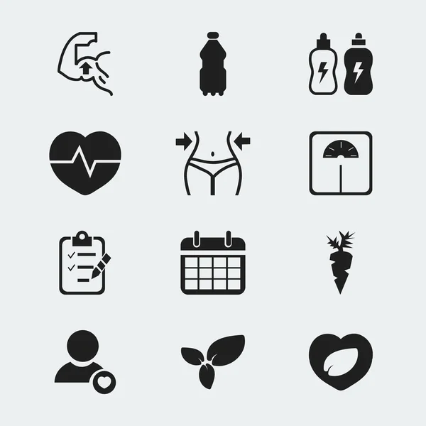 Készlet 12 szerkeszthető gyakorlat ikonok. Magában foglalja a szimbólumokat gyökérzöldség, levél, szív, vízi Sport, és több. Lehet használni a Web, mobil, Ui és Infographic Design. — Stock Vector