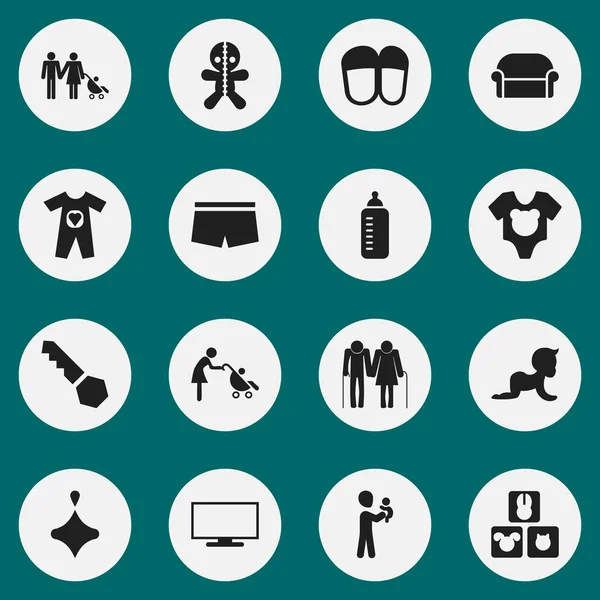 Conjunto de 16 iconos Kin editables. Incluye símbolos como biberón, niño, mago y más. Puede ser utilizado para el diseño de la tela, móvil, interfaz de usuario e infografía . — Vector de stock