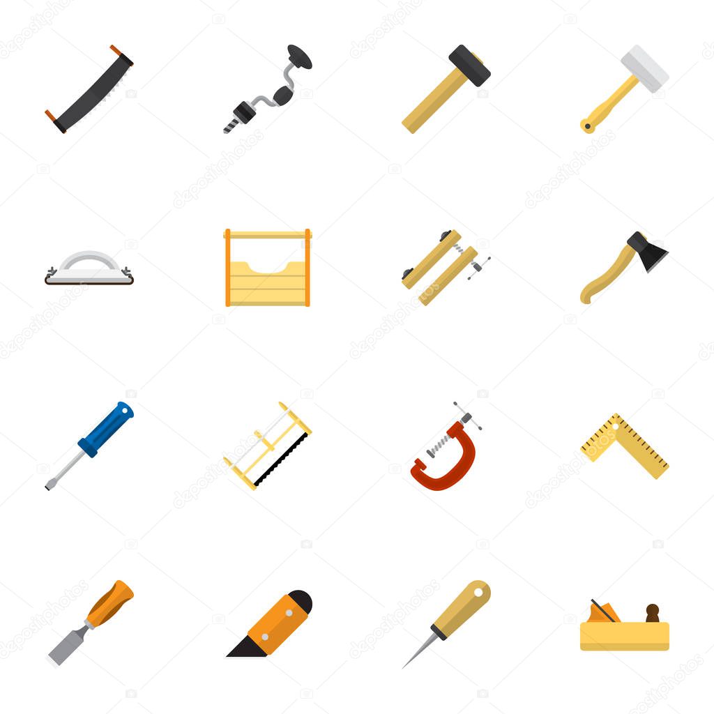 Set Of 16 Editable Instrument Icons. Includes Symbols Such As Handsaw, Boer, Axe. Can Be Used For Web, Mobile, UI And Infographic Design.