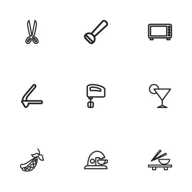 9 düzenlenebilir yemek simgeler kümesi. Bezelye, mikrodalga, sarımsak basın ve daha fazlası gibi simgeler içerir. Web, mobil, UI ve Infographic tasarımı için kullanılabilir.