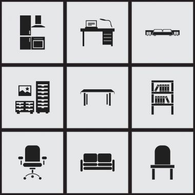 9 düzenlenebilir iç simgeler kümesi. Ergonomik koltuk, mutfak ve yatak gibi simgeler içerir. Web, mobil, UI ve Infographic tasarımı için kullanılabilir.