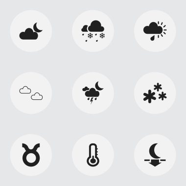 9 düzenlenebilir hava simgeler kümesi. Sis, çiseleyen yağmur ve boğa gibi simgeler içerir. Web, mobil, UI ve Infographic tasarımı için kullanılabilir.