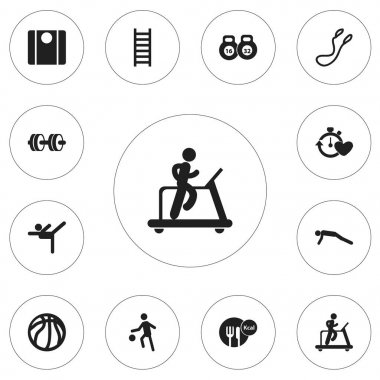 12 düzenlenebilir Fitness simgeler kümesi. Halter, atlama eğitimi, denge ve daha fazlası gibi simgeler içerir. Web, mobil, UI ve Infographic tasarımı için kullanılabilir.