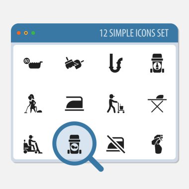 12 düzenlenebilir temizlik simgeler kümesi. 60 derece, pencere gibi simgeler içerir süpürgesi, Ütü ve daha fazlası. Web, mobil, UI ve Infographic tasarımı için kullanılabilir.