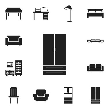 12 düzenlenebilir mobilya simgeler kümesi. Koltuk, aydınlatma, ahşap masa ve daha fazlası gibi simgeler içerir. Web, mobil, UI ve Infographic tasarımı için kullanılabilir.