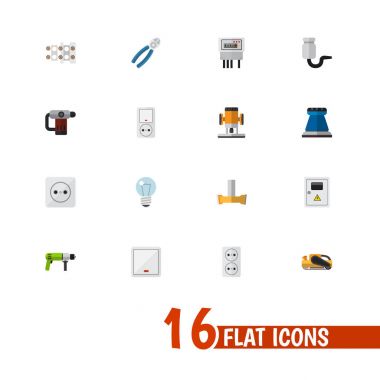 16 düzenlenebilir aletleri simgeler kümesi. Ampul, Jack, anahtarı ve daha fazlası gibi simgeler içerir. Web, mobil, UI ve Infographic tasarımı için kullanılabilir.