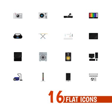 16 düzenlenebilir teknoloji simgeler kümesi. Çamaşırhanede, Modem, bez demir ve daha fazlası gibi simgeler içerir. Web, mobil, UI ve Infographic tasarımı için kullanılabilir.