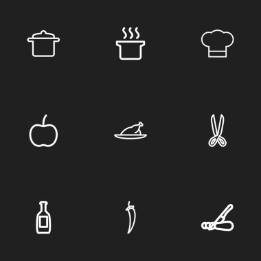 9 düzenlenebilir gıda simgeler kümesi. Izgara, Chef şapka, makası ve daha fazlası gibi simgeler içerir. Web, mobil, UI ve Infographic tasarımı için kullanılabilir.