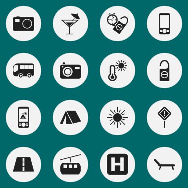 16 düzenlenebilir tatil simgeler kümesi. Termometre, teleferik, güneşlenme gibi sembolleri ve daha fazlasını içerir. Web, mobil, UI ve Infographic tasarımı için kullanılabilir.