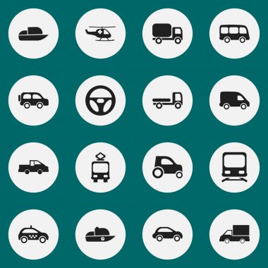 16 düzenlenebilir taşıma simgeler kümesi. Nakliyat gibi simgeler sürücü kontrolü, acil helikopter ve daha fazlasını içerir. Web, mobil, UI ve Infographic tasarımı için kullanılabilir.