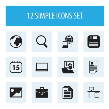 12 düzenlenebilir Bürosu simgeler kümesi. Büyüteç, dünya, monitör ve daha fazlası gibi simgeler içerir. Web, mobil, UI ve Infographic tasarımı için kullanılabilir.