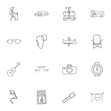 16 düzenlenebilir gezi simgeler kümesi. Simgeleri gibi yanıcı sopa, koltuk, kamp ateşi yemek ve daha fazlasını içerir. Web, mobil, UI ve Infographic tasarımı için kullanılabilir.