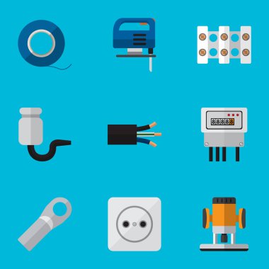 9 düzenlenebilir elektrik simgeler kümesi. Tel, rozet, kesme ve daha fazlası gibi simgeler içerir. Web, mobil, UI ve Infographic tasarımı için kullanılabilir.
