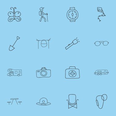 16 düzenlenebilir kamp simgeler kümesi. Güzellik böcek, plaj şapka, Carabine ve daha fazlası gibi simgeler içerir. Web, mobil, UI ve Infographic tasarımı için kullanılabilir.