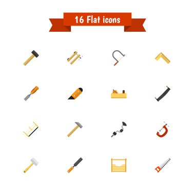 16 düzenlenebilir aparatı simgeler kümesi. Çekiç, el testeresi, metre gibi simgeler içerir. Web, mobil, UI ve Infographic tasarımı için kullanılabilir.