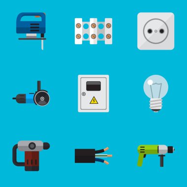 9 düzenlenebilir elektrik simgeler kümesi. Terminal bloğu, rozet, matkap ve daha fazlası gibi simgeler içerir. Web, mobil, UI ve Infographic tasarımı için kullanılabilir.