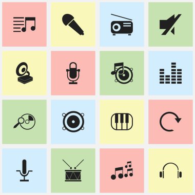 16 düzenlenebilir müzik simgeler kümesi. Fonograf, bas hoparlör, melodi arayan ve daha fazlası gibi simgeler içerir. Web, mobil, UI ve Infographic tasarımı için kullanılabilir.