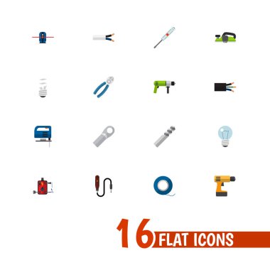 16 düzenlenebilir elektriksel simgeler kümesi. Mini matkap, tornavida, bağlantı ve daha fazla gibi simgeler içerir. Web, mobil, UI ve Infographic tasarımı için kullanılabilir.