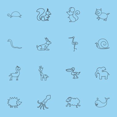 16 düzenlenebilir hayvan simgeler kümesi. Domuz, balina, fil ve daha fazlası gibi simgeler içerir. Web, mobil, UI ve Infographic tasarımı için kullanılabilir.