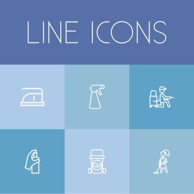 6 düzenlenebilir hijyen simgeler kümesi. Sembolleri vakumlama gibi temizleyici, Kat Hizmetleri ve daha fazlasını içerir. Web, mobil, UI ve Infographic tasarımı için kullanılabilir.