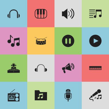 16 düzenlenebilir Melody simgeler kümesi. Snare, ses, Karaoke ve daha fazlası gibi simgeler içerir. Web, mobil, UI ve Infographic tasarımı için kullanılabilir.