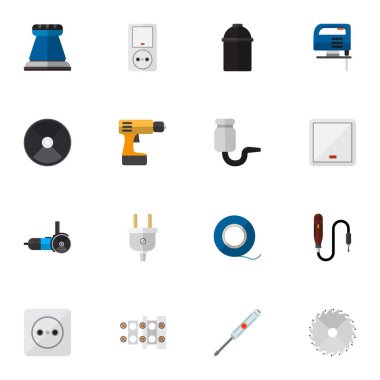 16 düzenlenebilir elektrik simgeler kümesi. Tornavida, Jig Saw, zımpara kağıdı ve daha fazlası gibi simgeler içerir. Web, mobil, UI ve Infographic tasarımı için kullanılabilir.