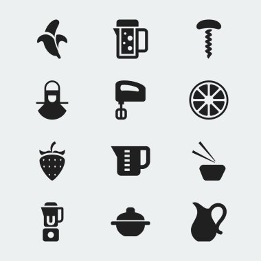 12 düzenlenebilir yemek simgeler kümesi. Çilek, Sashimi, tropikal meyve ve daha fazlası gibi simgeler içerir. Web, mobil, UI ve Infographic tasarımı için kullanılabilir.