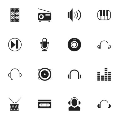 16 düzenlenebilir ses simgeler kümesi. Kulaklıklar, ileri, Dj ve daha fazla gibi simgeler içerir. Web, mobil, UI ve Infographic tasarımı için kullanılabilir.