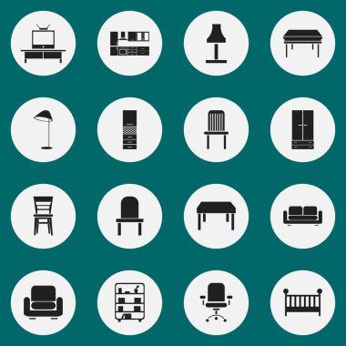 16 düzenlenebilir iç simgeler kümesi. Tv, RECLINER, ergonomik koltuk ve daha fazlası gibi simgeler içerir. Web, mobil, UI ve Infographic tasarımı için kullanılabilir.