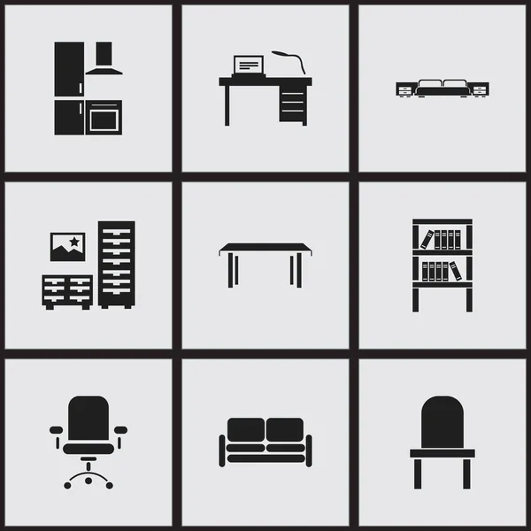 9 düzenlenebilir iç simgeler kümesi. Ergonomik koltuk, mutfak ve yatak gibi simgeler içerir. Web, mobil, UI ve Infographic tasarımı için kullanılabilir.