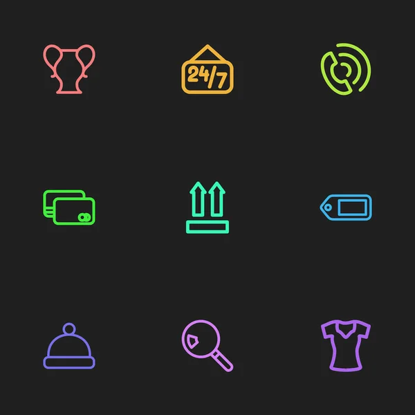 Conjunto de 9 iconos de negocio editables. Incluye símbolos como camiseta de mujer, código Qr, pompón y más. Puede ser utilizado para el diseño de la tela, móvil, interfaz de usuario e infografía . — Vector de stock