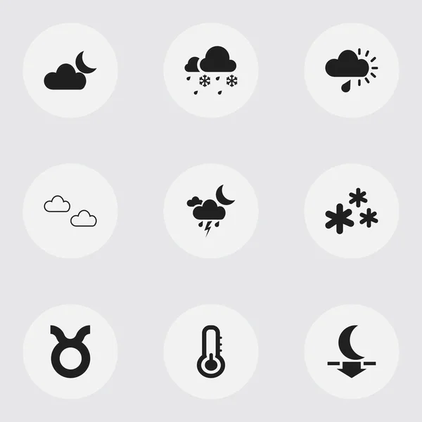 Satz von 9 editierbaren Wettersymbolen. enthält Symbole wie Nebel, Nieselregen, Stier und mehr. kann für Web-, Mobil-, UI- und Infografik-Design verwendet werden. — Stockvektor