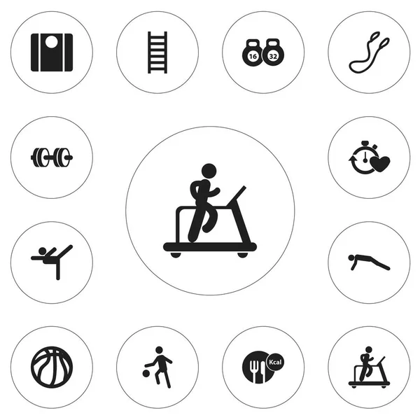Set de 12 iconos de fitness editables. Incluye símbolos como levantamiento de pesas, entrenamiento de salto, equilibrio y más. Puede ser utilizado para el diseño de la tela, móvil, interfaz de usuario e infografía . — Vector de stock