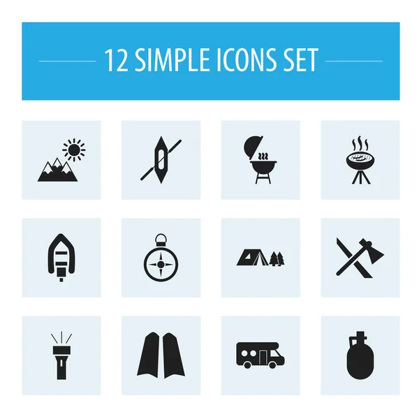 Sada 12 upravitelné kemp ikon. Obsahuje symboly Barbecue, džbán, potápěč boty a další. Lze použít pro webové, mobilní, Ui a infografika Design. — Stockový vektor